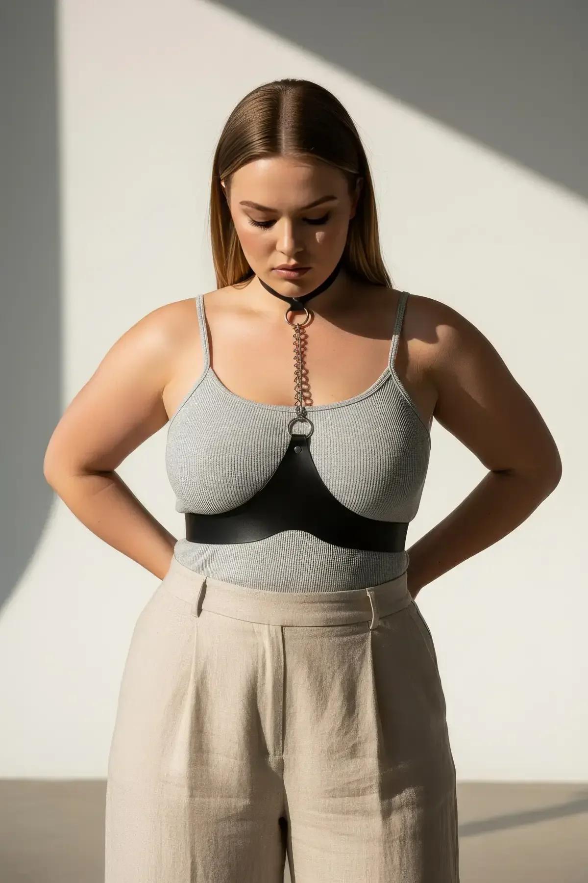Black Faux Leather Collar-to-Waist Chain Harness