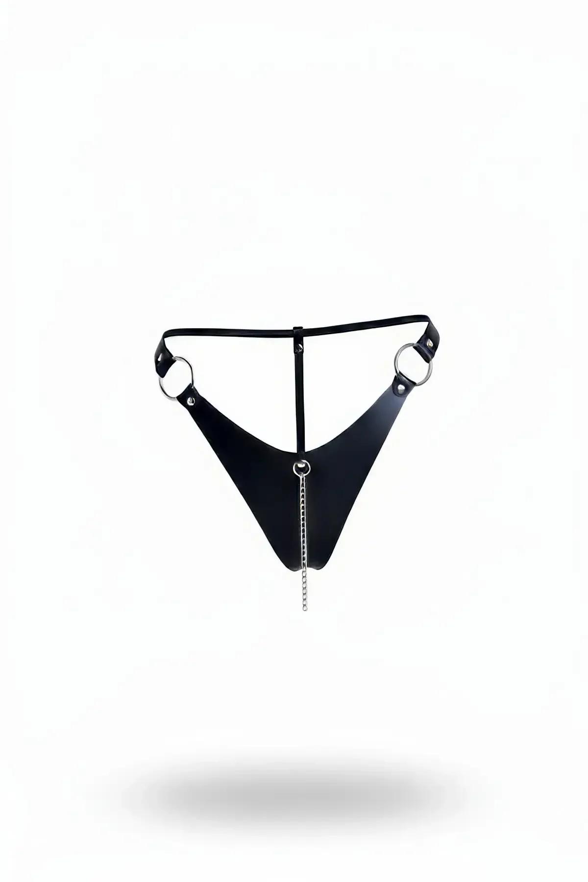 Faux Leather Harness Thong with O-Rings and Chain