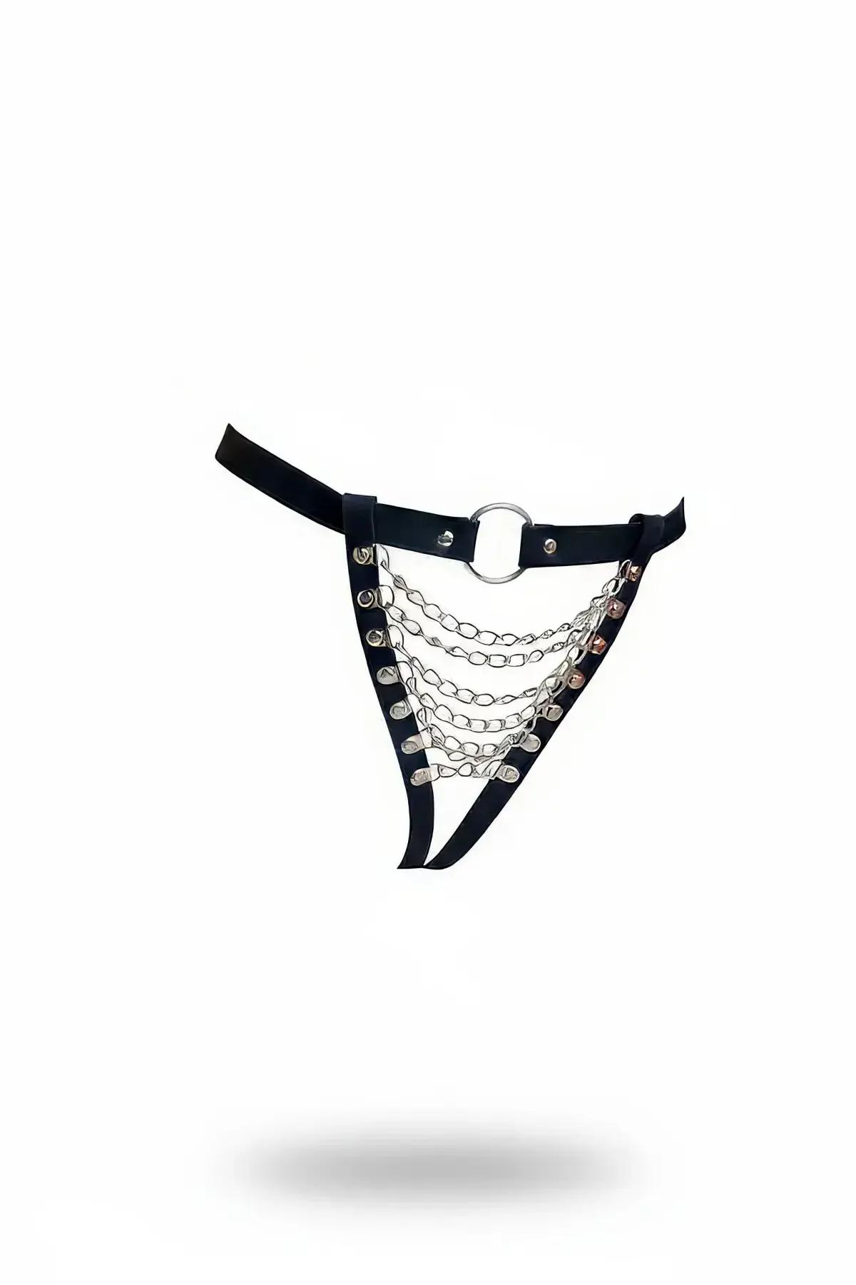 Faux Leather Thong with O-Ring Chain Detail
