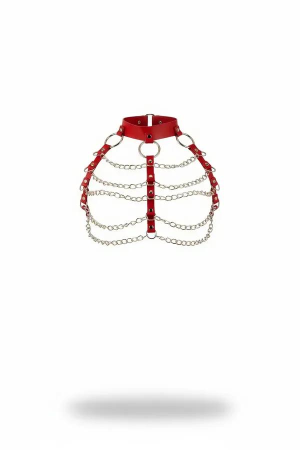 Red Faux Leather Choker Chest Harness with Layered Chains