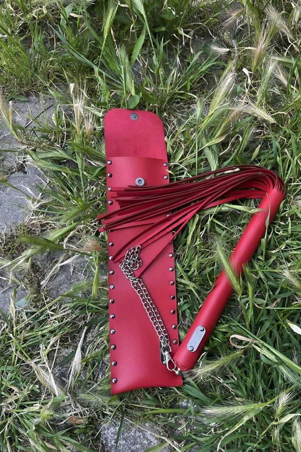 Red Faux Leather Flogger with Riveted Storage Pouch