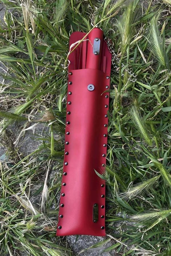 Red Faux Leather Flogger with Riveted Storage Pouch