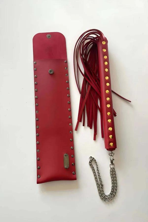Red Faux Leather Flogger with Riveted Storage Pouch