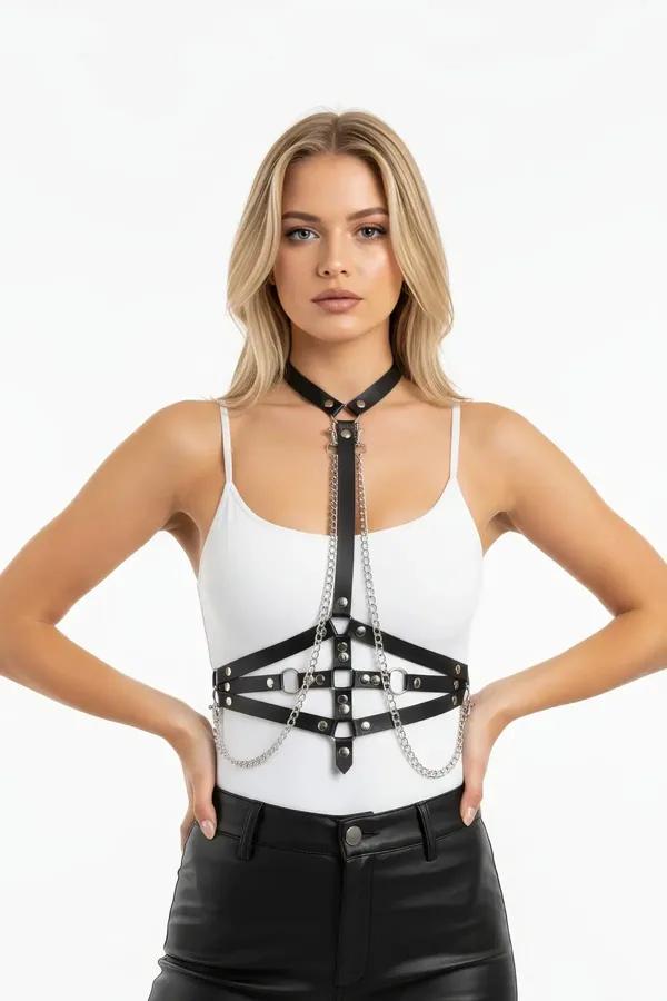 Choker Chest Harness with Silver Chains and O-Rings