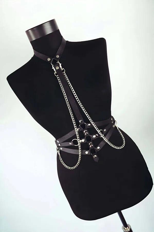 Faux Leather Chest Harness with Draping Chains