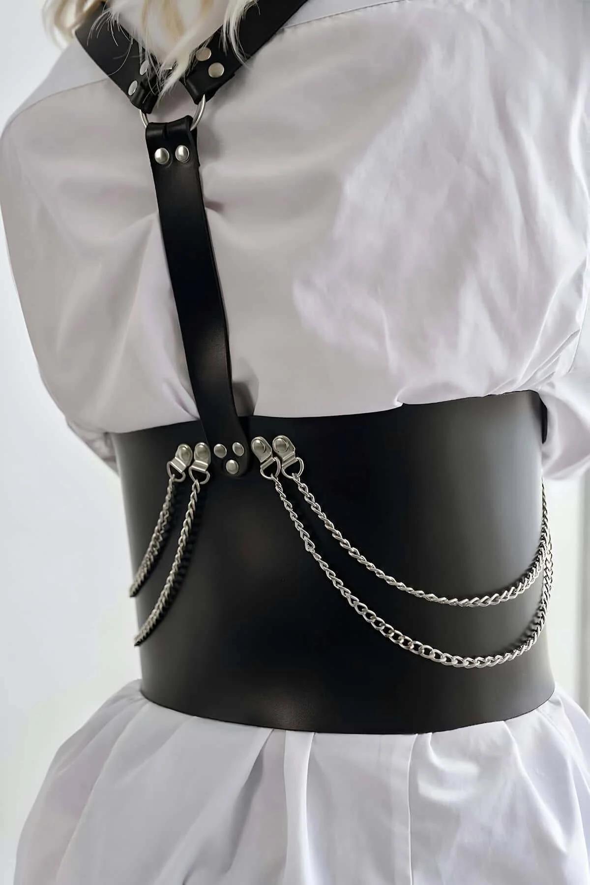 Adjustable Black Faux Leather Corset Harness