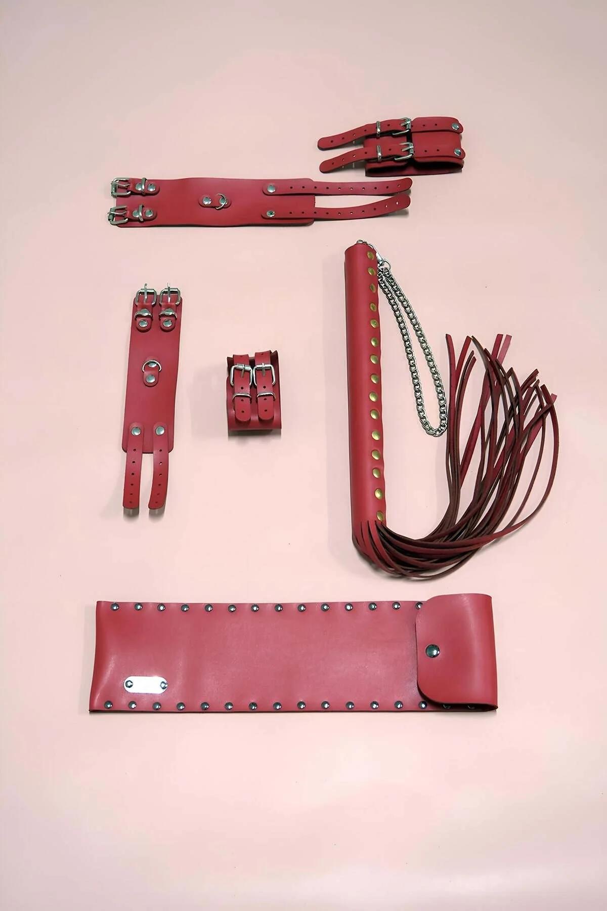 Red Faux Leather Restraint Set with Whip & Cuffs
