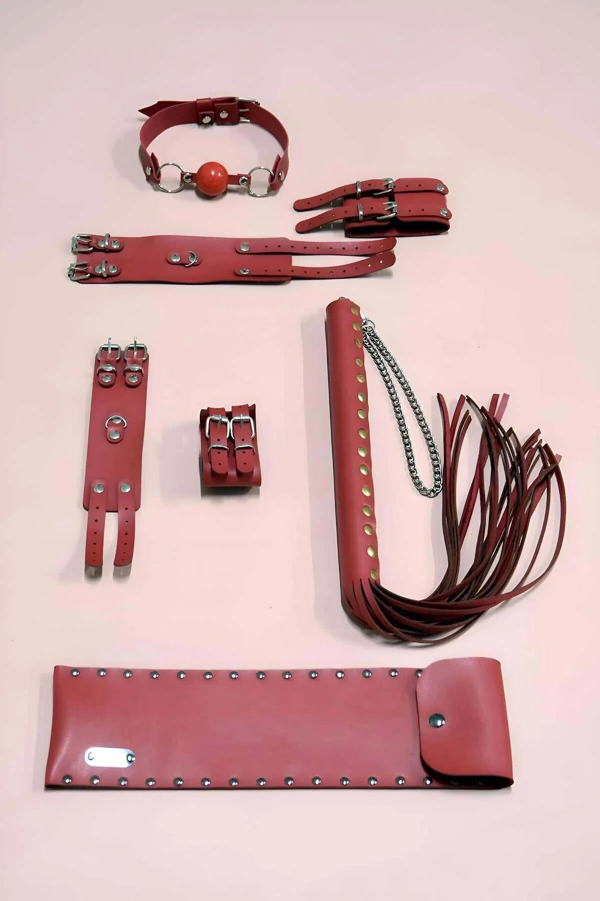 Red Faux Leather Restraint Set with Gag and Riding Crop