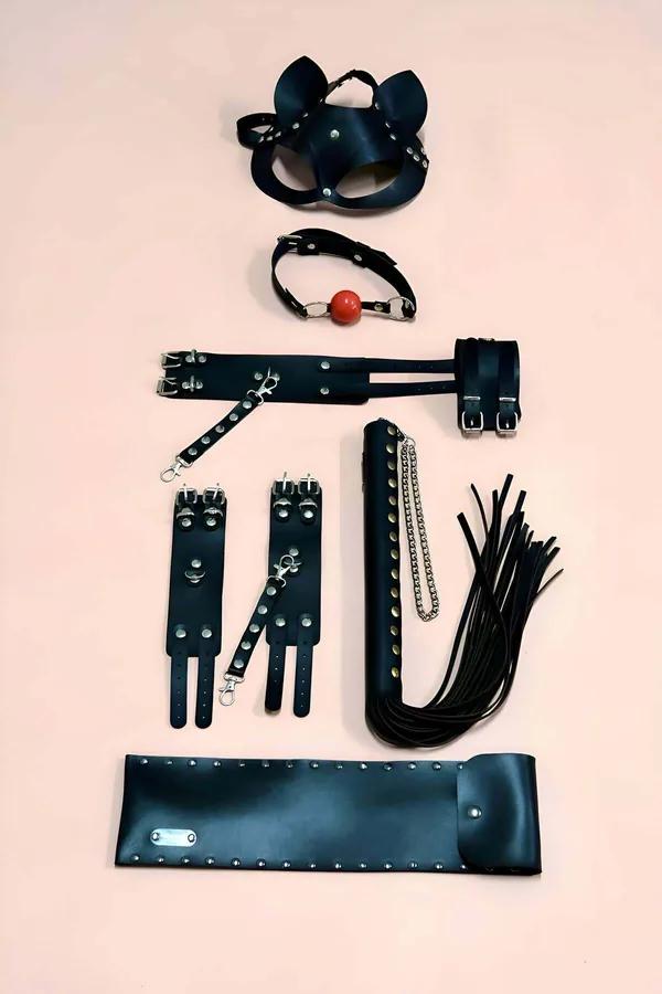Full Faux Leather Accessory Set with Mask & Whip