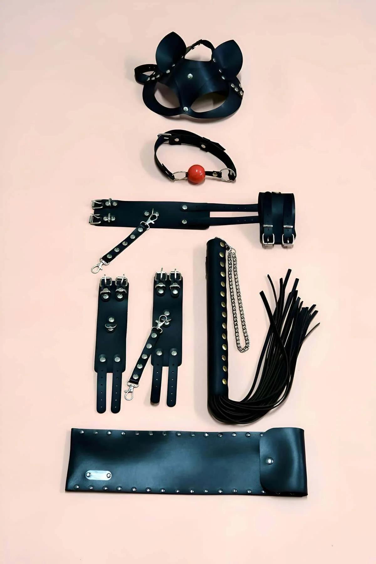 Full Faux Leather Accessory Set with Mask & Whip