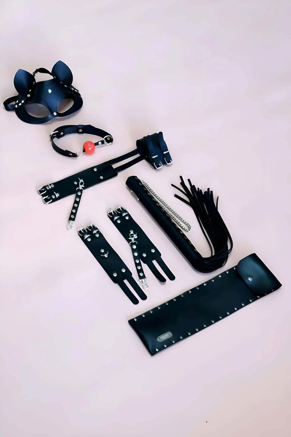 Full Faux Leather Accessory Set with Mask & Whip