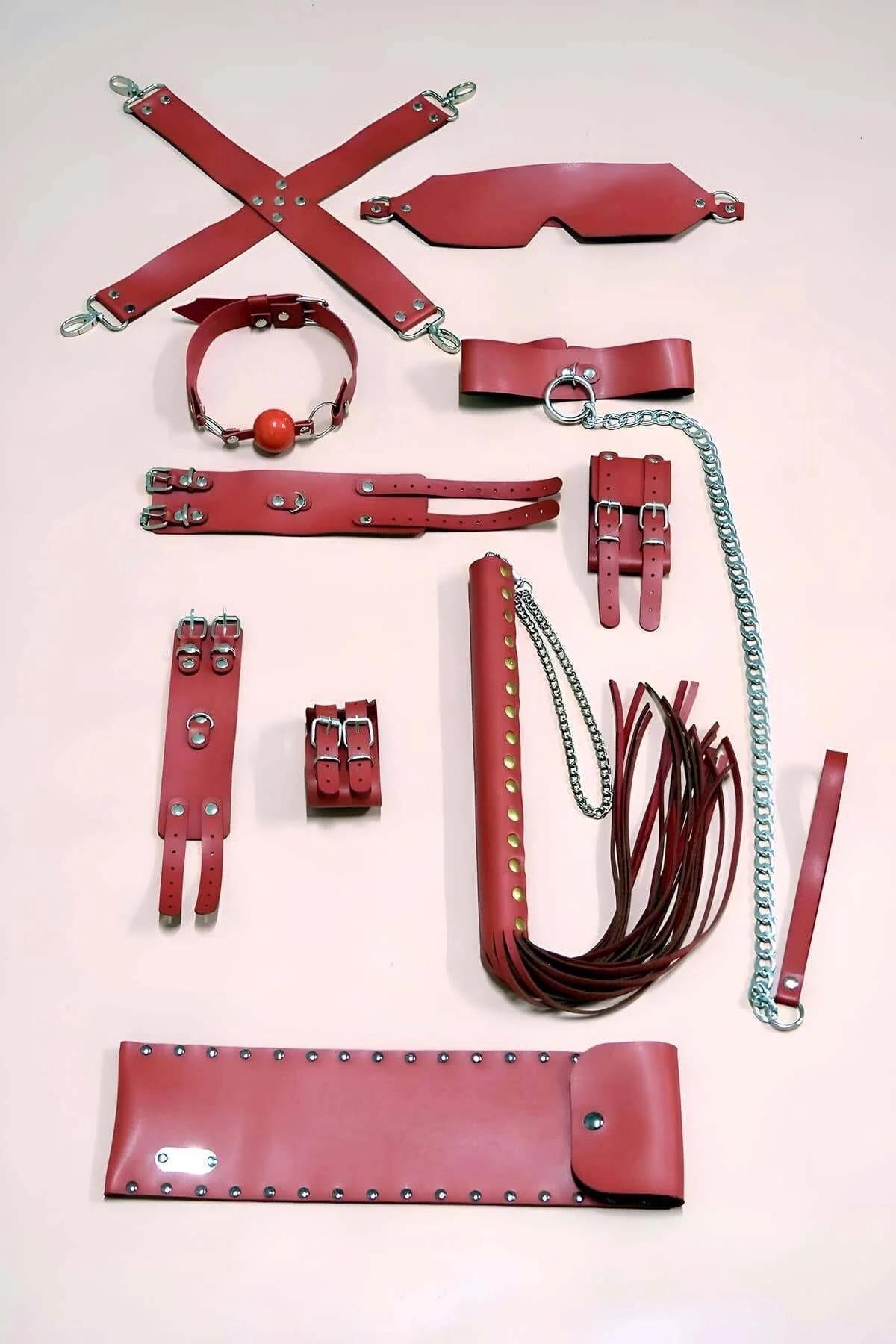 Red Faux Leather Restraint Set with Blindfold and Whip
