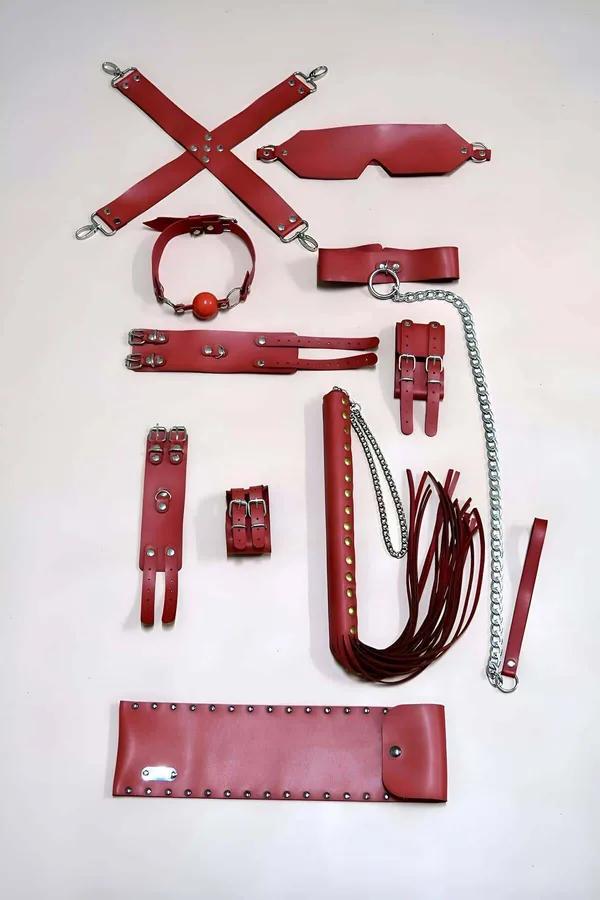 Red Faux Leather Restraint Set with Blindfold and Whip
