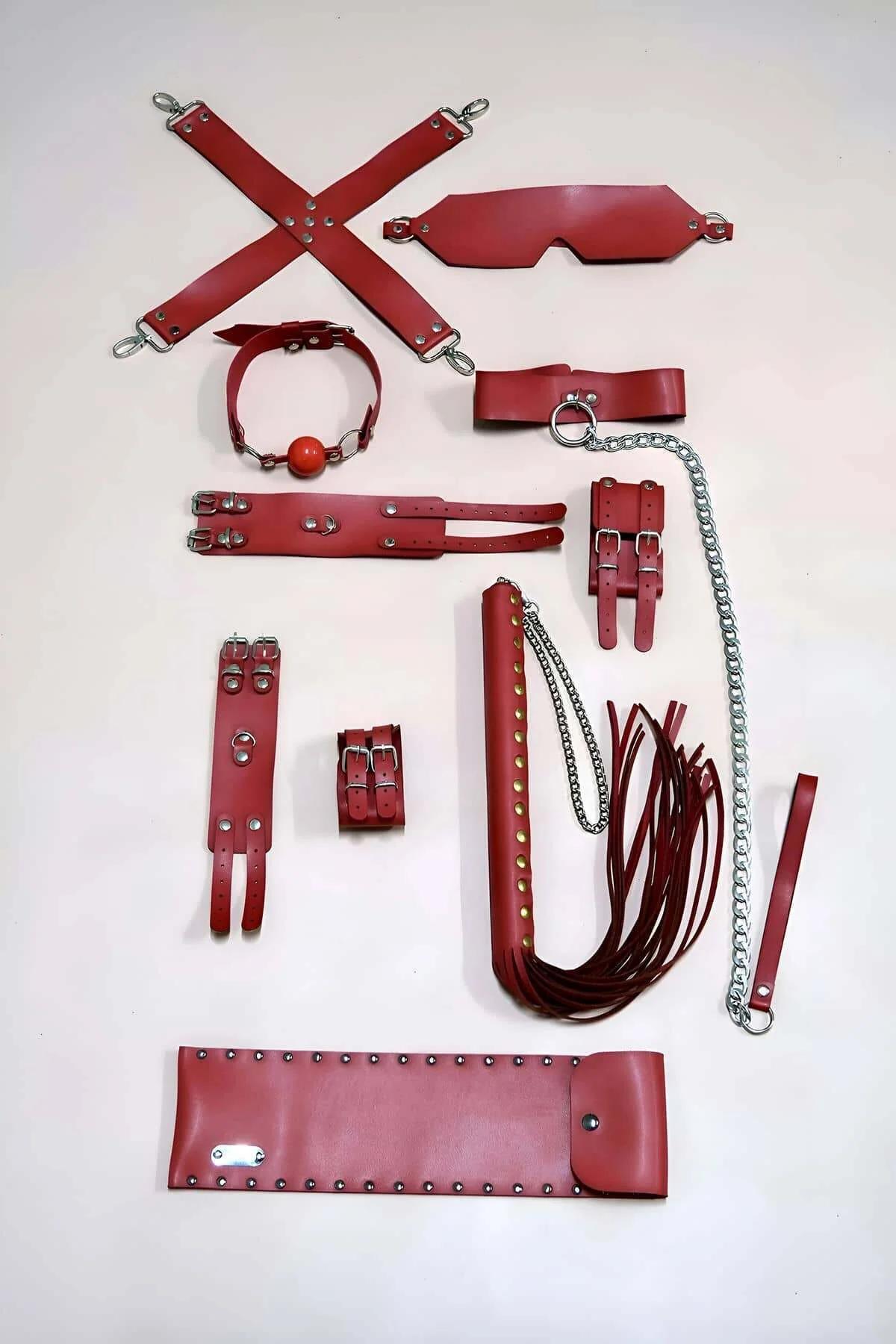 Red Faux Leather Restraint Set with Blindfold and Whip
