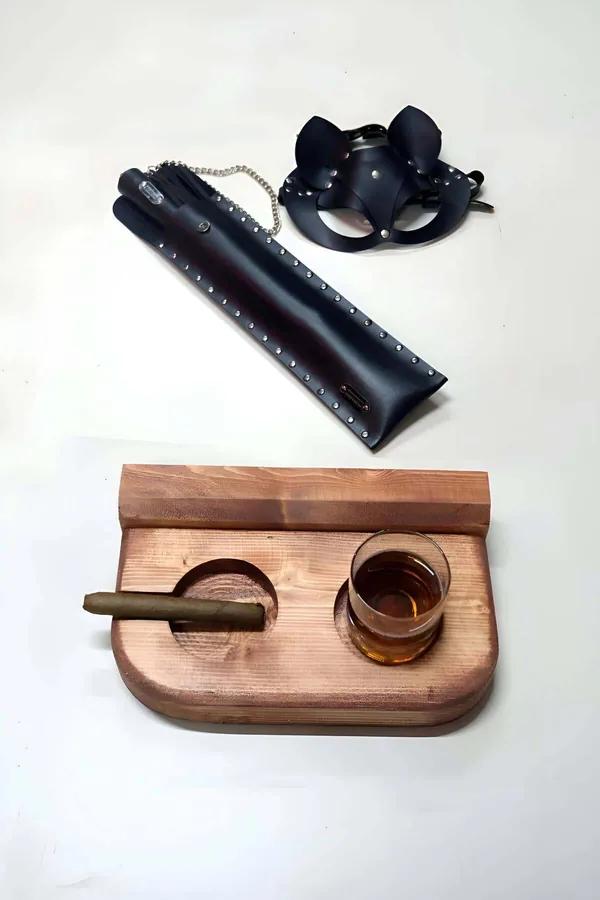 Faux Leather Kitty Mask & Whip with Drink Tray Set