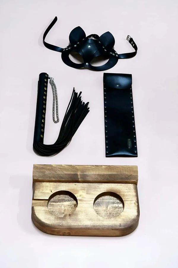 Faux Leather Kitty Mask & Whip with Drink Tray Set