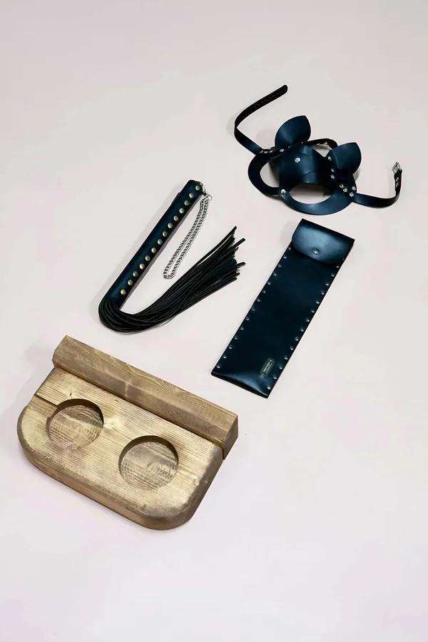 Faux Leather Kitty Mask & Whip with Drink Tray Set