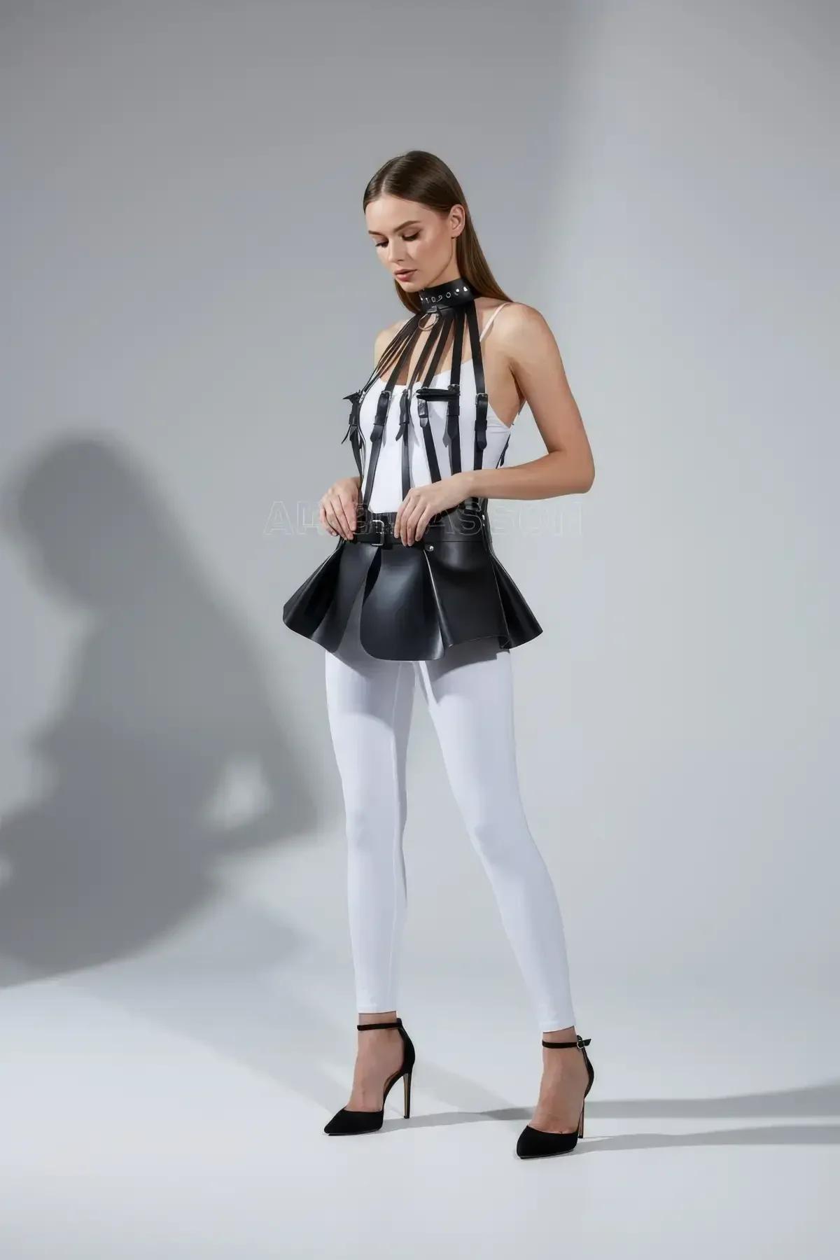 Faux Leather Peplum Harness with Waist Belt