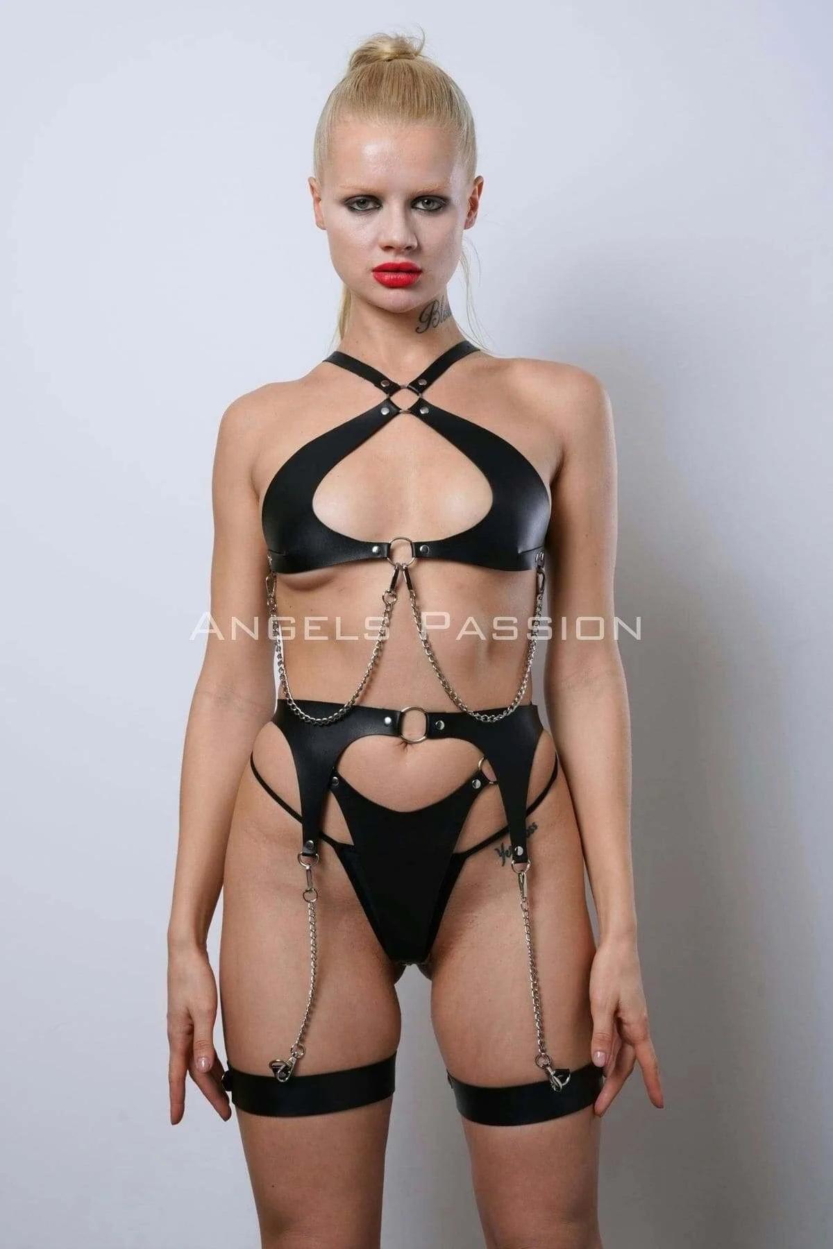 Faux Leather Harness Set with Chain Details & Garter Straps