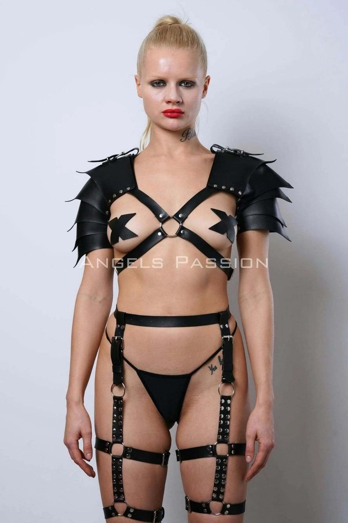 Gladiator Style Faux Leather Harness Set with Studded Shoulder Pads
