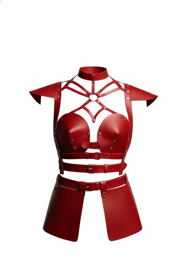 Red Faux Leather Bustier Harness & Skirt Set