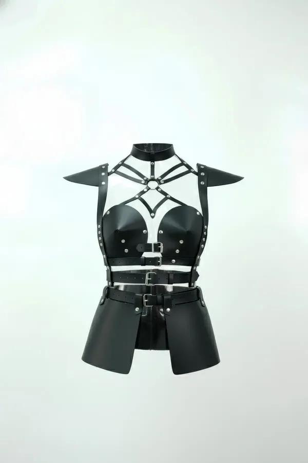 Studded Faux Leather Body Harness with Armor