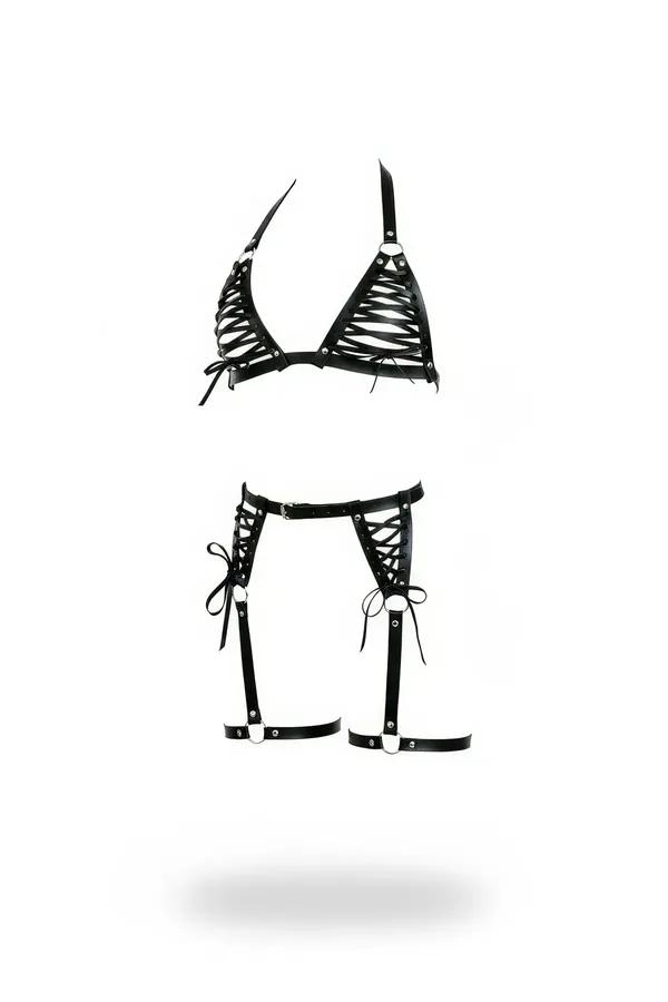 Lace-Up Bra & Garter Harness Set with O-Rings