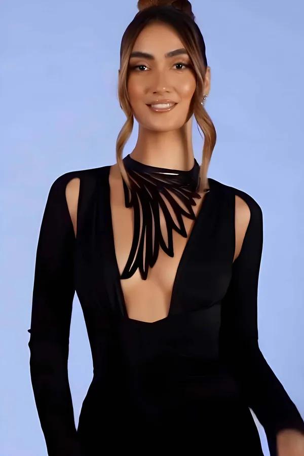 Laser Cut Wing Choker Black Faux Leather