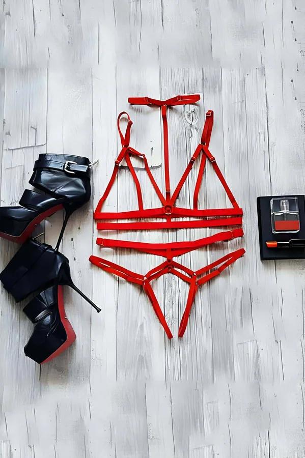 Red Strappy Harness Bralette & Thong Lingerie Set