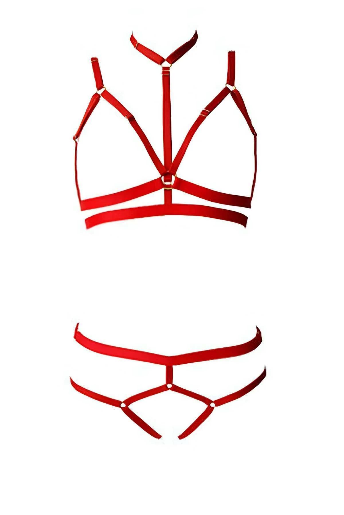 Red Strappy Body Harness & Garter Underwear Set