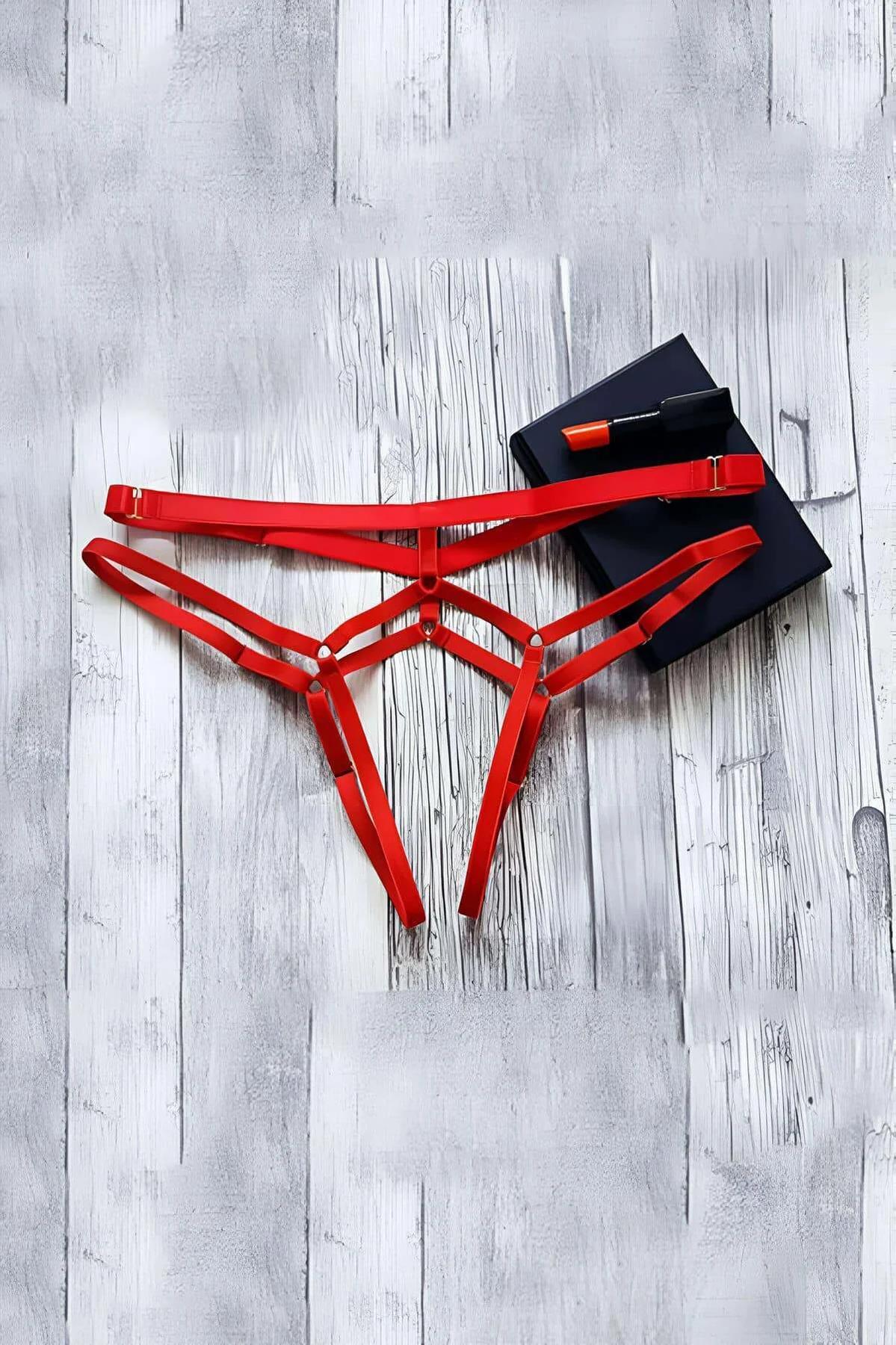 Red Harness Thong Panties with Adjustable Straps