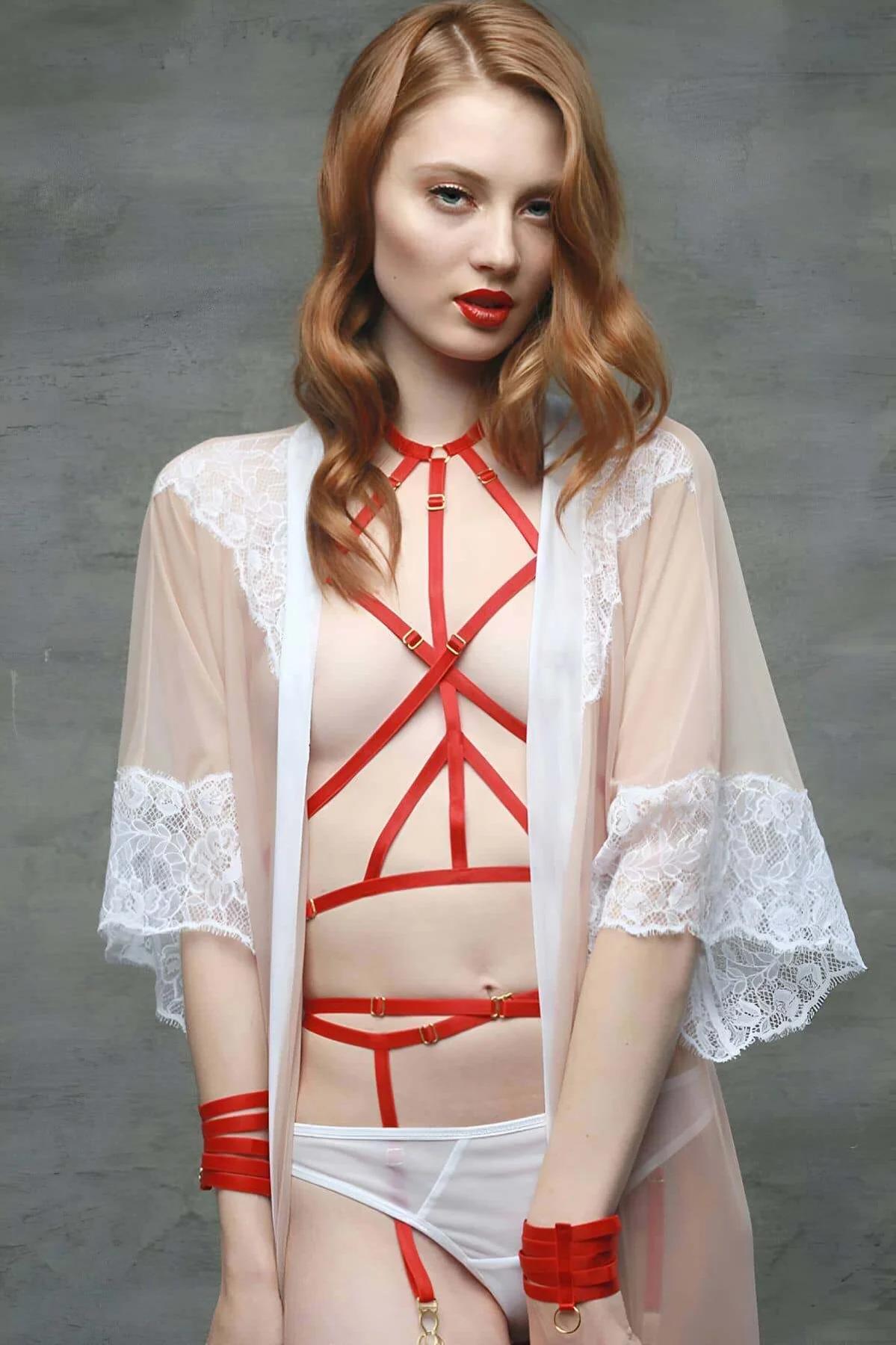 Red Strappy Body Harness with Halter Neck Detail