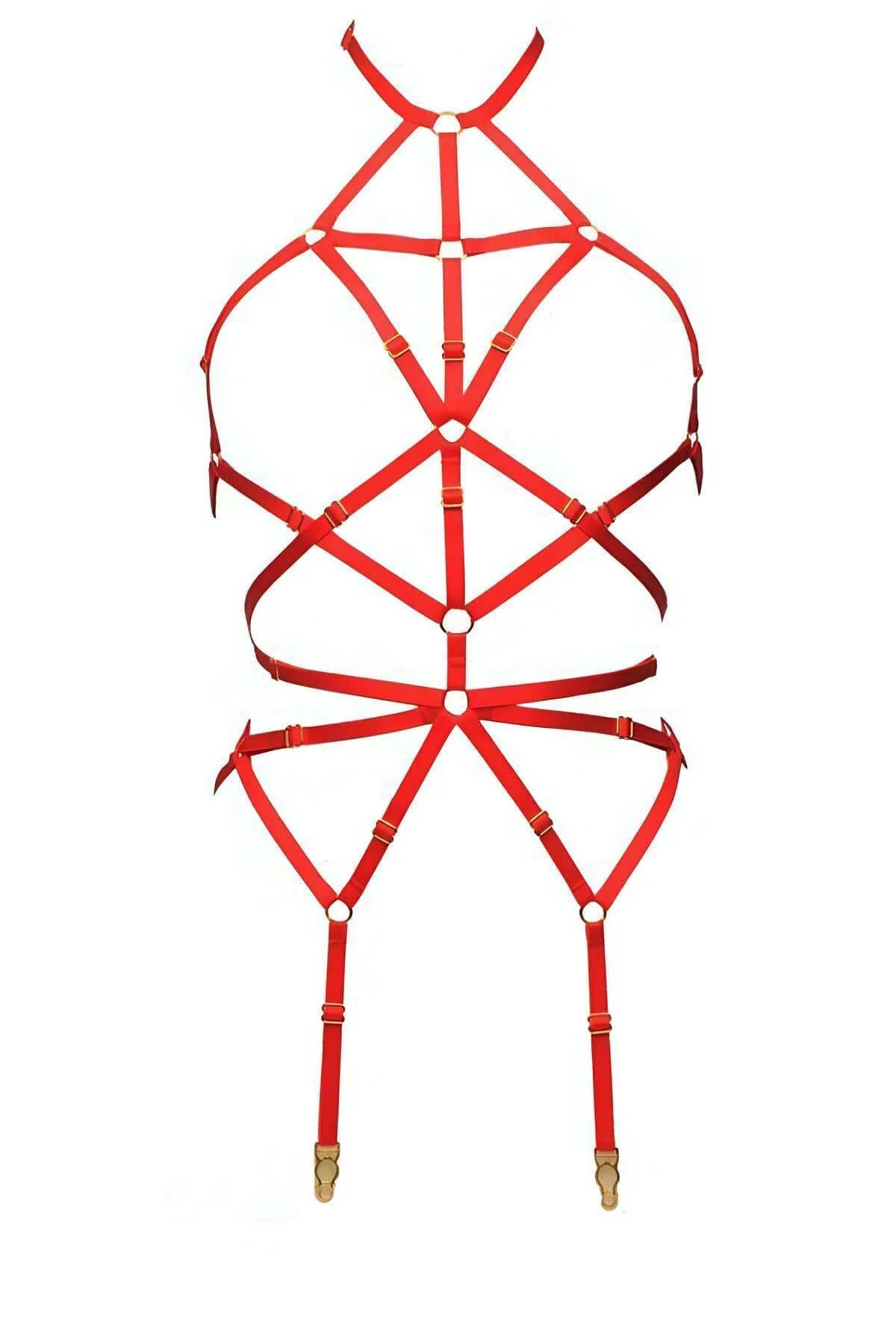 Strappy Red Harness with Garter Clips