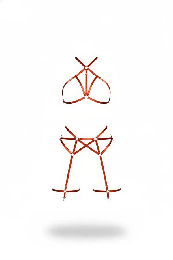 Rust Orange Caged Harness Bra and Garter Set