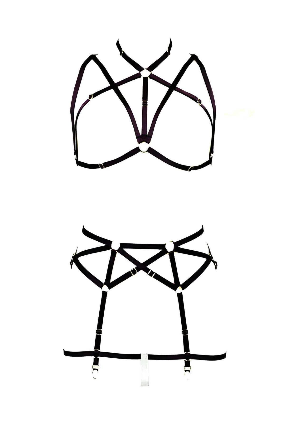 Strappy Pentagram Harness Bra & Garter Belt Set