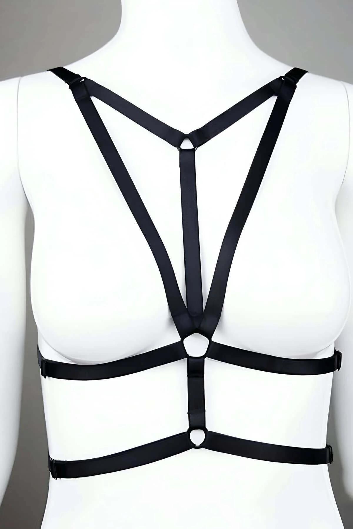 Black Strappy Chest Harness with O-Ring Accents