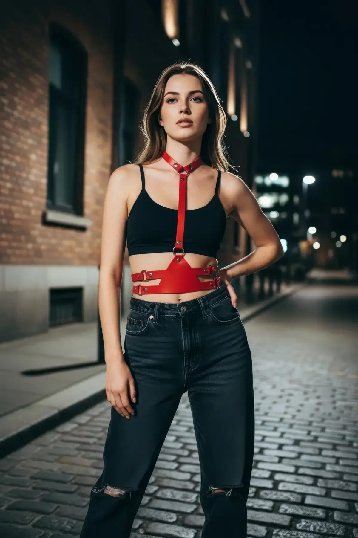 Red Faux Leather Halter Underbust Harness with Buckles