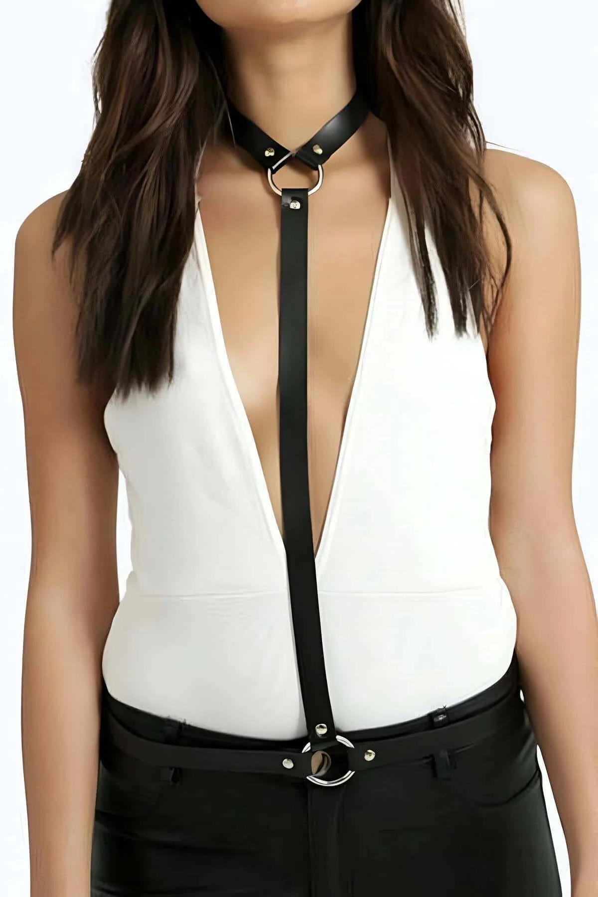 Faux Leather Body Harness with O-Ring Choker