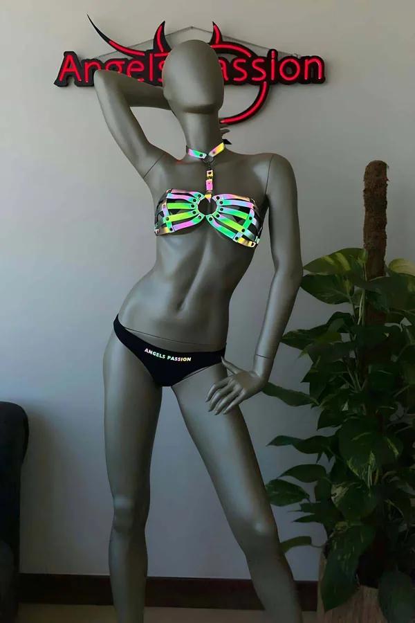 Reflective Harness Bra Top with O-Ring & Buckle Closure