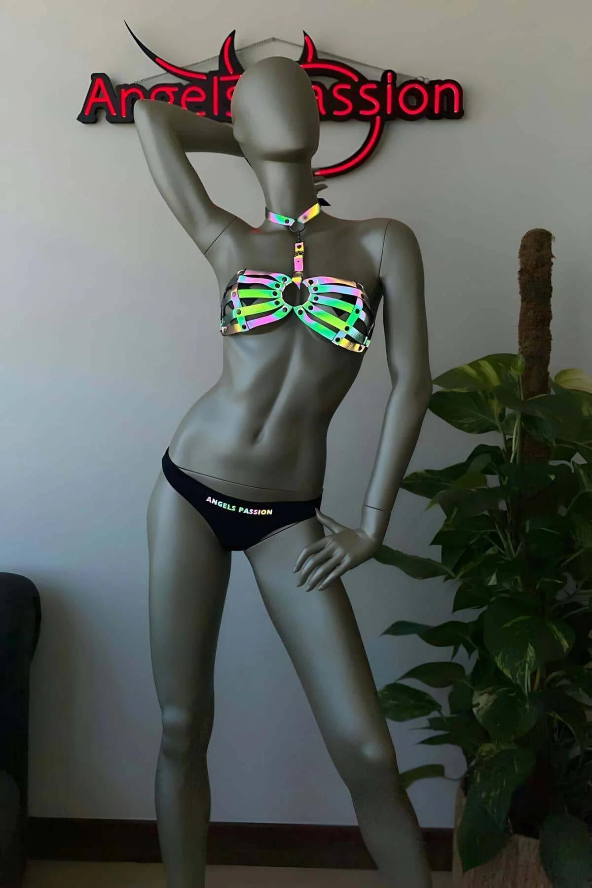 Reflective Harness Bra Top with O-Ring & Buckle Closure