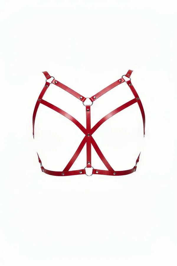Red Chest Harness with V-Neck and O-Ring Details