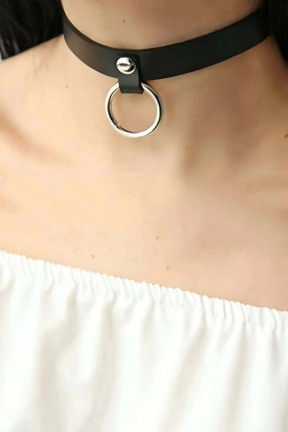 Faux Leather Choker Necklace with Silver O-Ring