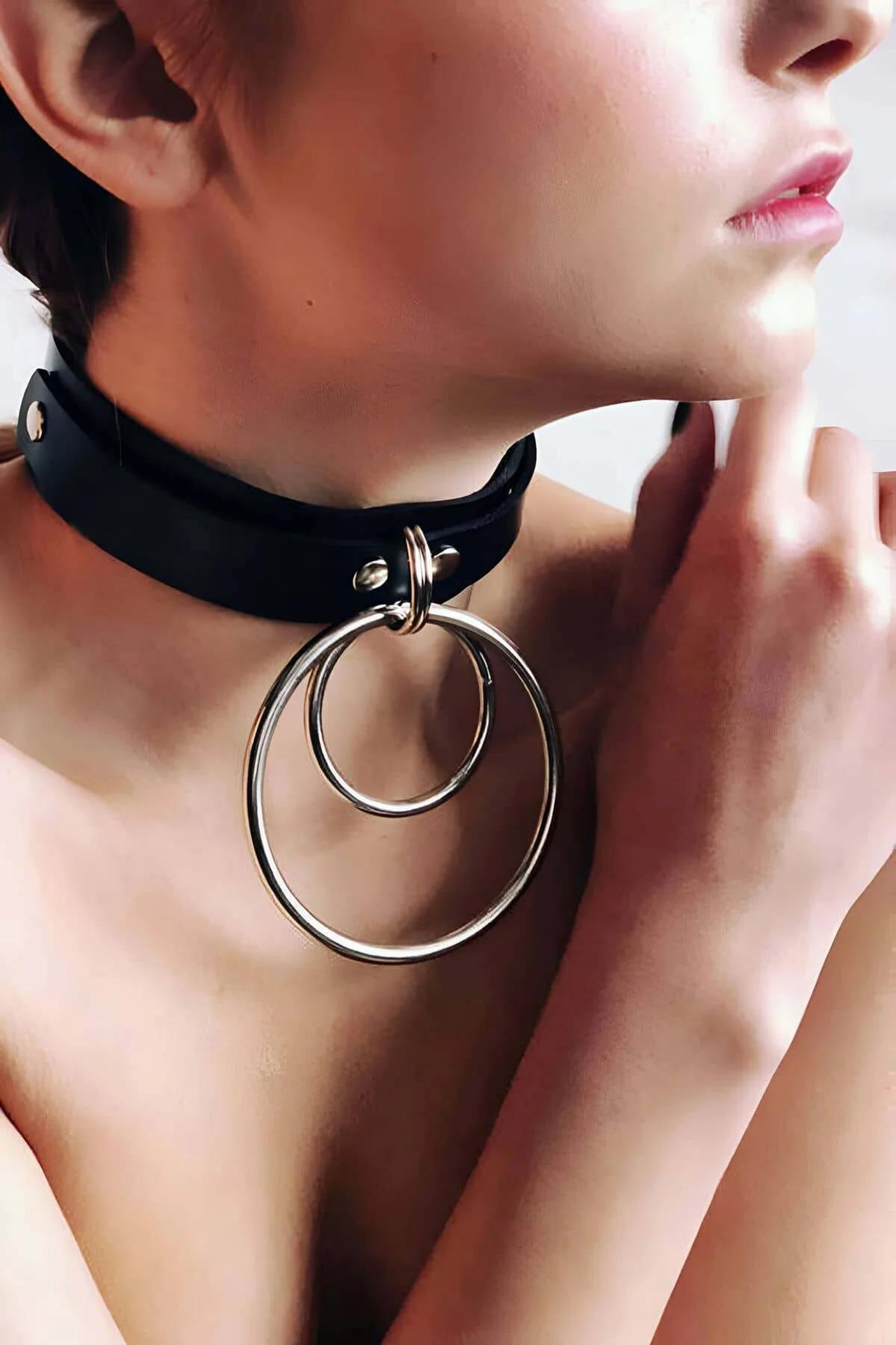 Faux Leather Choker Necklace with Interlocking Double O-Rings