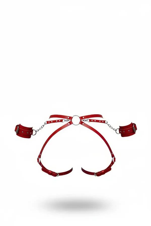 Red Faux Leather Body Harness with Detachable Chain Cuffs