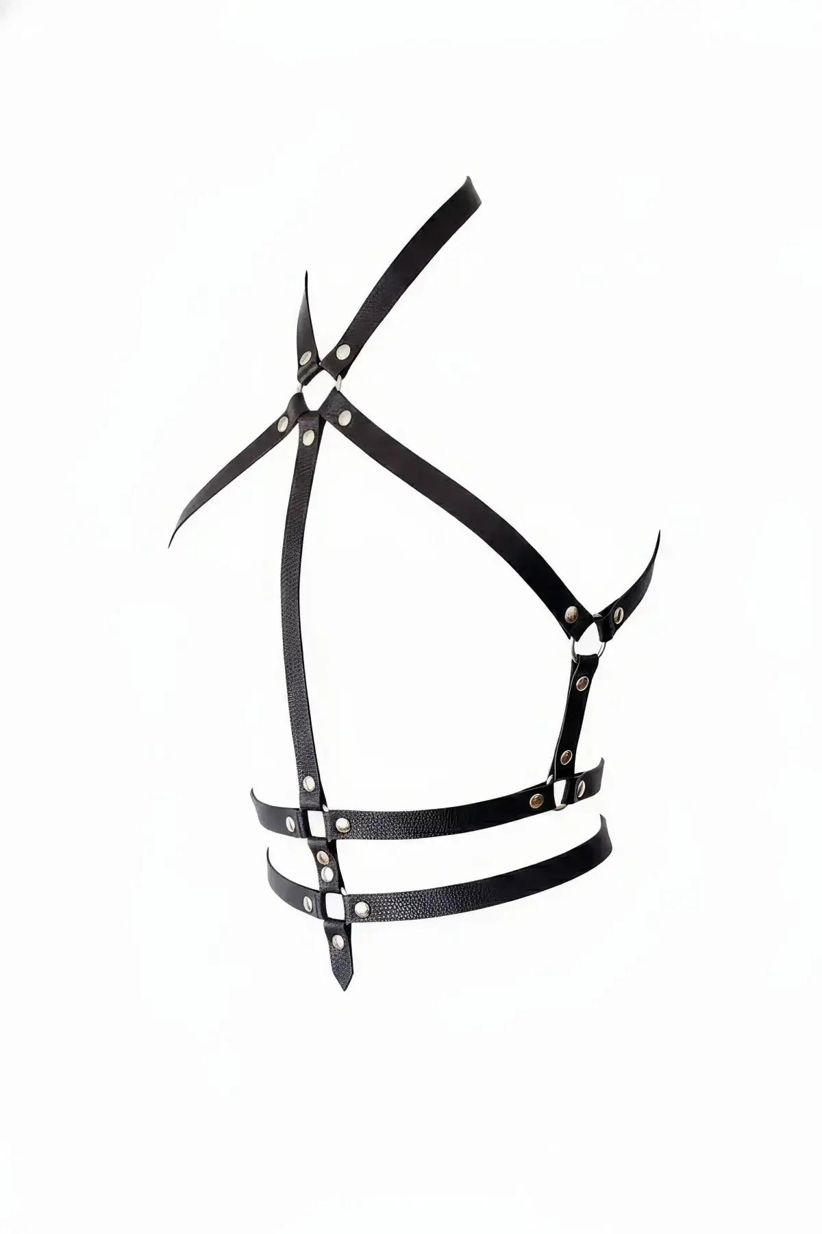 Faux Leather Strappy Chest Harness with Double Underbust Straps