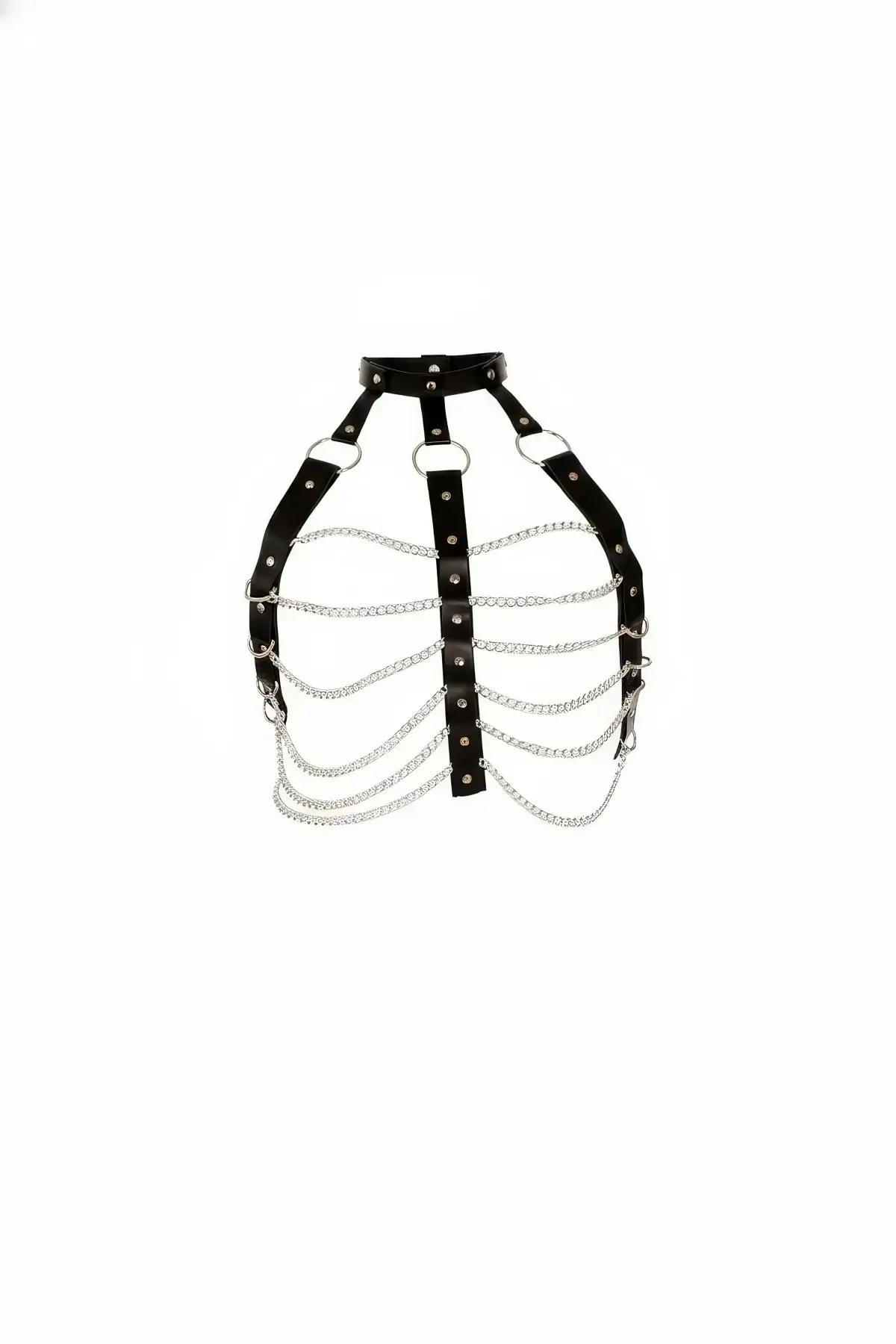 Faux Leather Body Harness with Draped Chains & O-Ring Choker