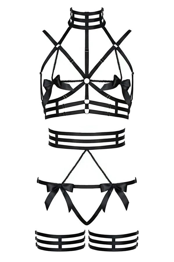 Open Cup Harness Lingerie Set with Bows & Thigh Straps