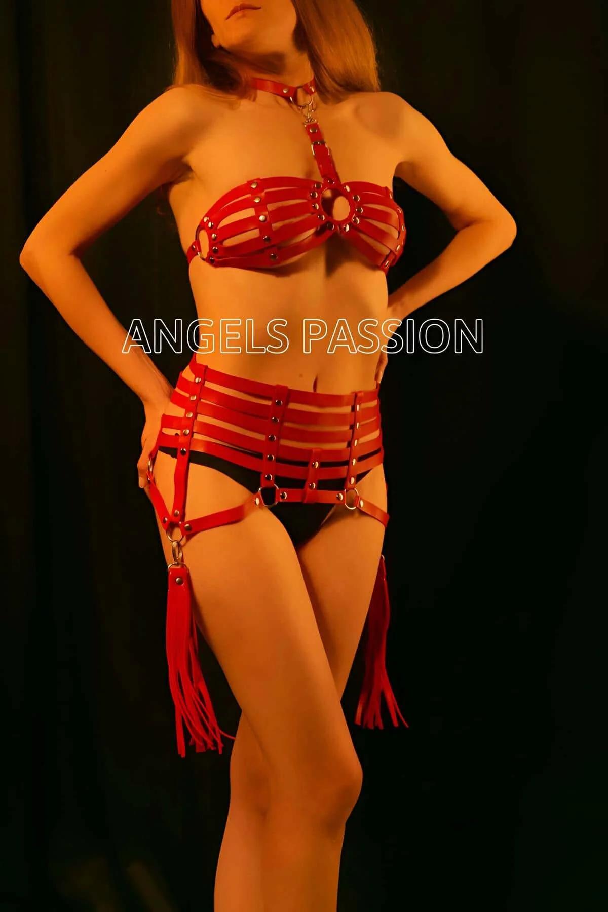 Red Faux Leather Cage Harness Set with Tassel Garters