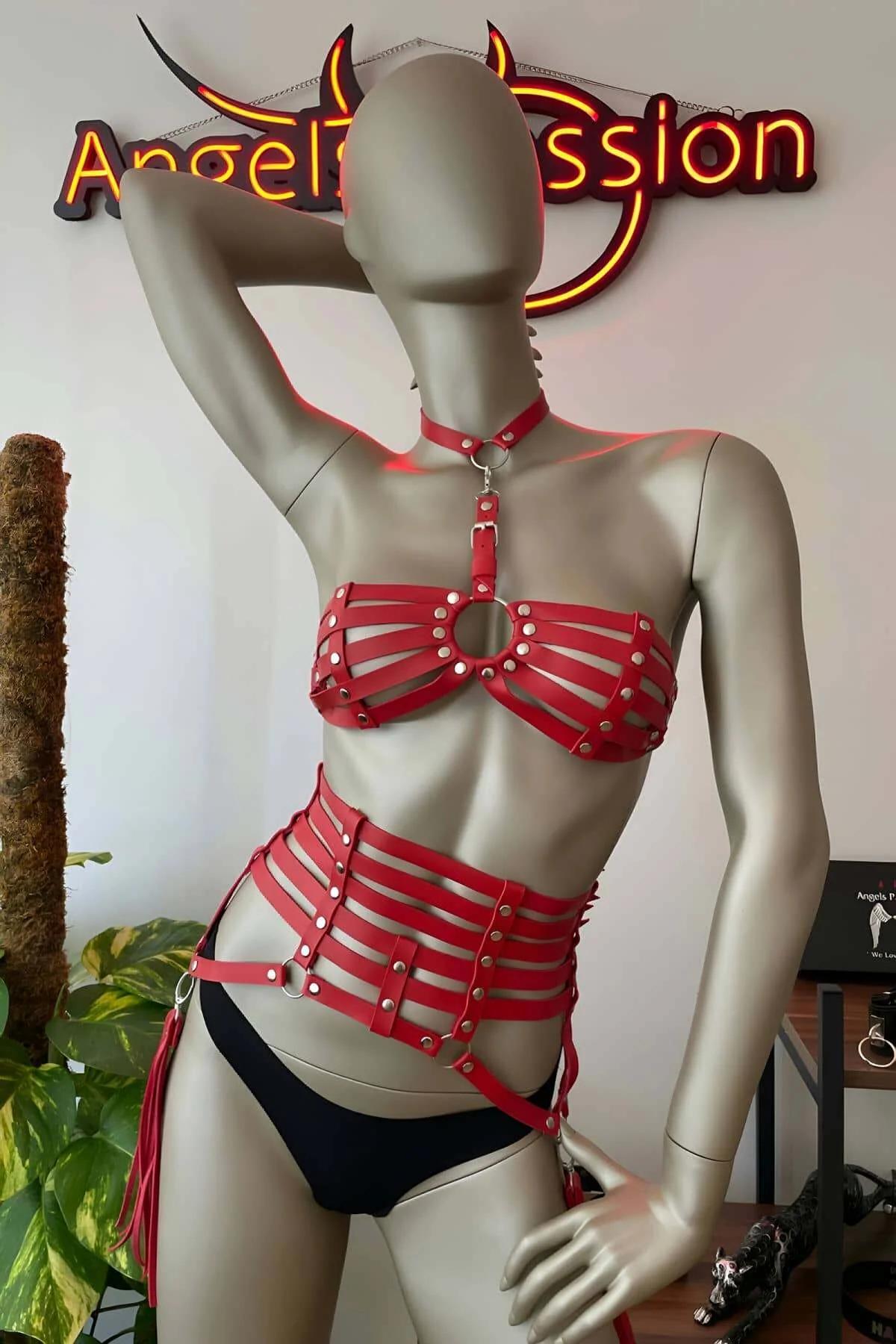 Red Faux Leather Cage Harness Set with Tassel Garters