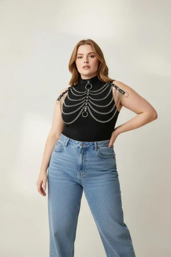 Faux Leather Choker Harness with Cascading Chains